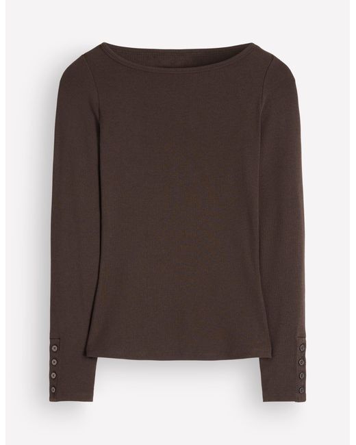 Boden Brown Button Cuff Ribbed Boatneck