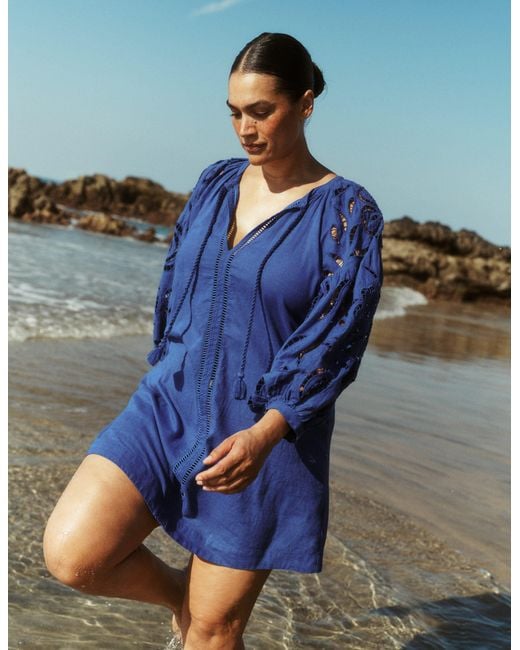 Boden Blue Embroidered Sleeve Kaftan Dress