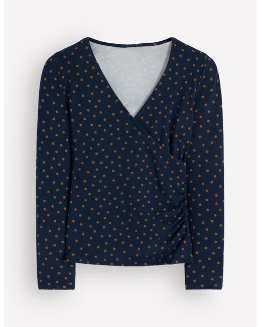 Boden Blue Ruched Long Sleeve Wrap Top