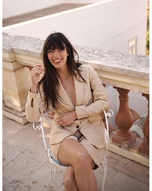 Boden Natural Stamford Linen Blazer-Neutral, Stripe