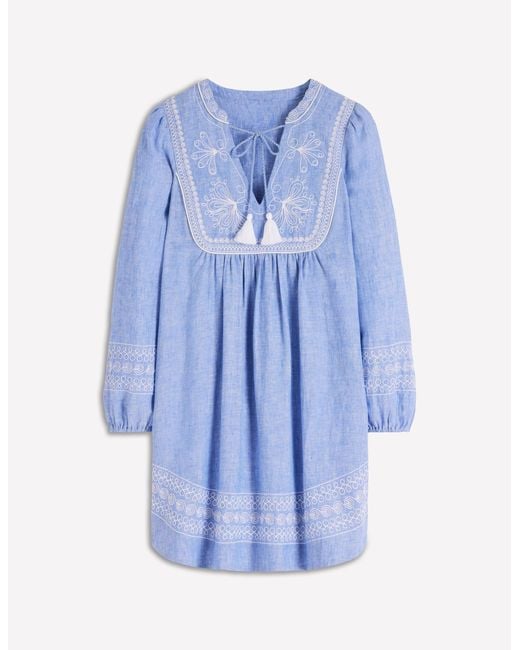 Boden Blue Pia Linen Yoke Tassel Dress