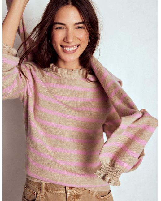 Boden Pink Fae Fair Isle Frilled Sweater Camel, Stripe
