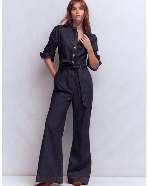 Boden Blue Bootcut Button Denim Jumpsuit