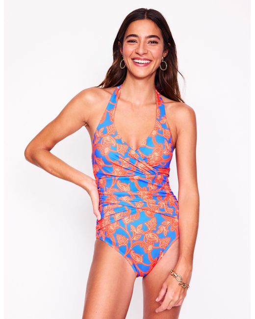 Boden Pink Halter Ruched Swimsuit Bright Papaya