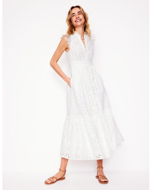 Boden White Wren Broderie Midi Dress-Ivory, Broderie