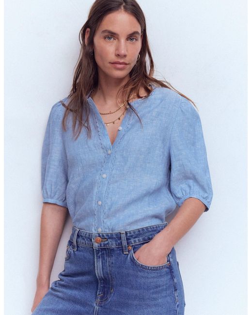 Boden Blue Leah Short Sleeve Linen Top