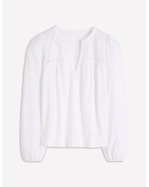 Boden White Woven-Mix Notch Neck Top