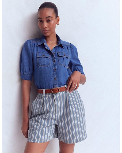 Boden Blue Pleat Front Denim Shorts