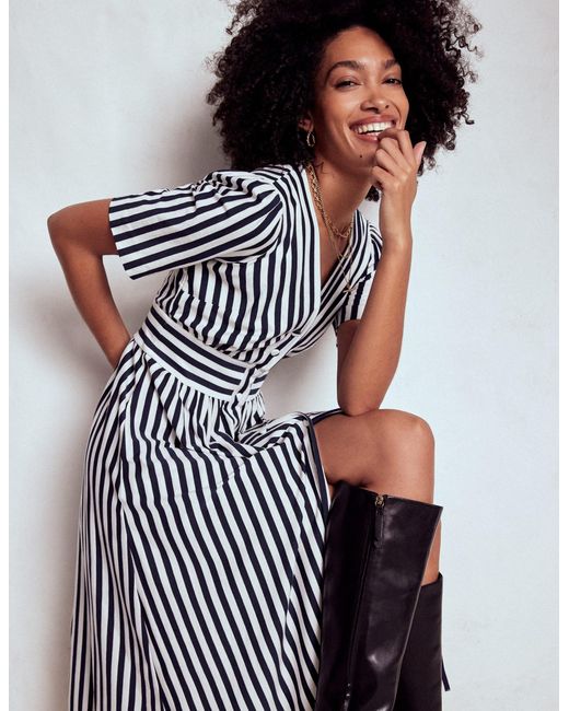 Robe Style 40S Natalia En Jersey-Bleu Marine Foncé, Rayé Ivoire