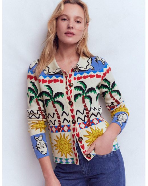 Boden Blue Jacquard Knitted Shacket Warm Ivory, Novelty