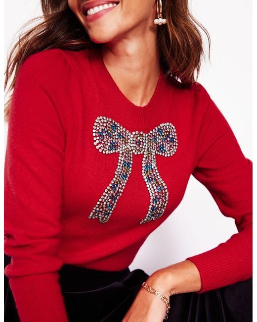 Boden Red Fenella Embellished Jumper-Rouge