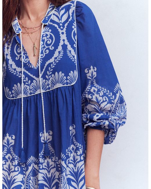 Boden Blue Boho Tie Neck Kaftan Dress