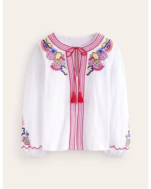 Boden Pink Diana Embroidered Tie Neck Top
