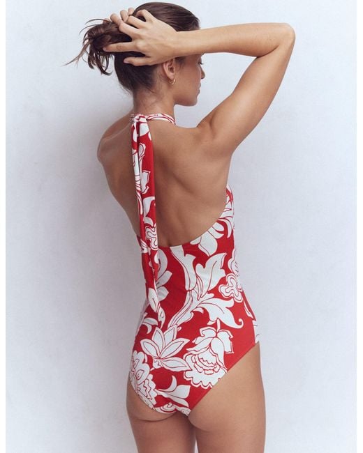 Boden Blue Minori Halter Tie Swimsuit-Salsa, Botanical Flourish