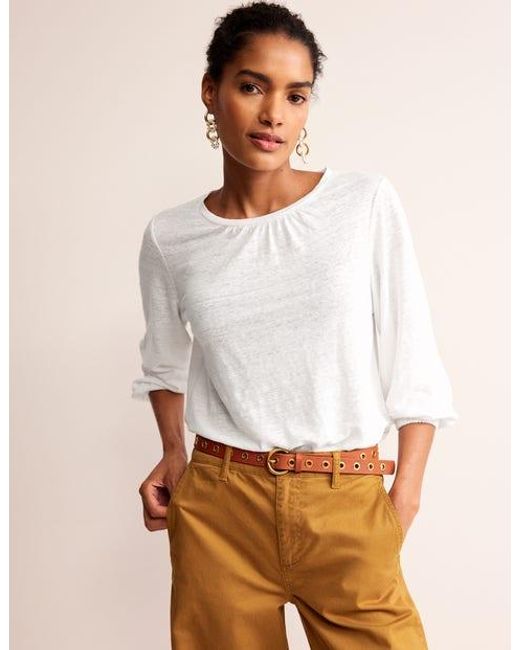 Boden White Gathered Neck Linen Jersey Top