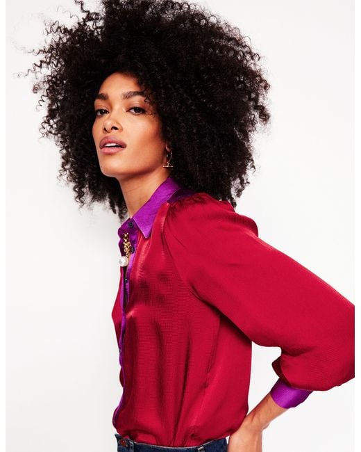 Boden Red Satin Party Shirtcabernet Colourblock