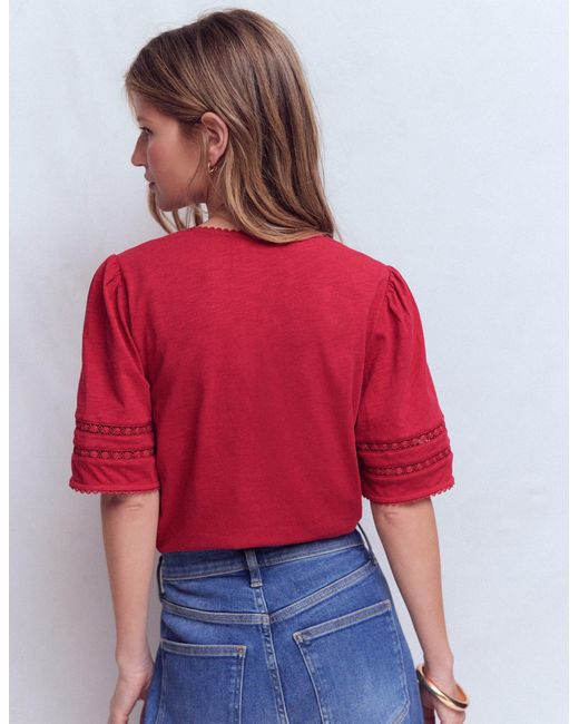 Boden Red Poppy Trim V Neck T-Shirt