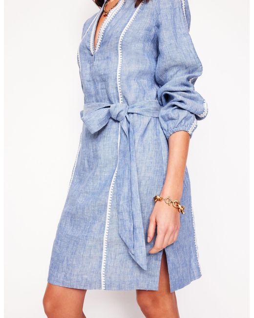 Boden Blue Cleo Linen Tie Waist Dress