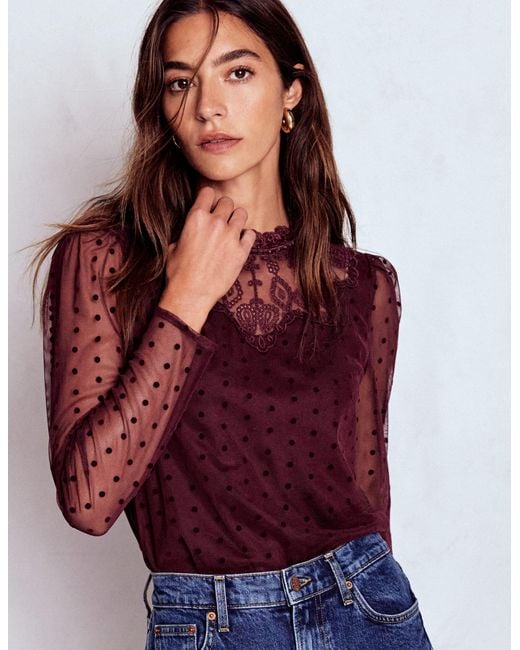 Boden Tulle Yoke Embroidered Top
