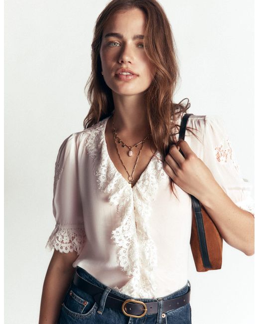 Boden Blue Ruffle V-Neck Lace Top