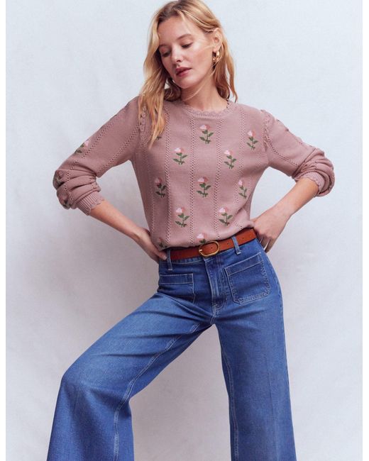 Boden Blue Valeria Crochet Trim Jumper-Rose, Embroidery