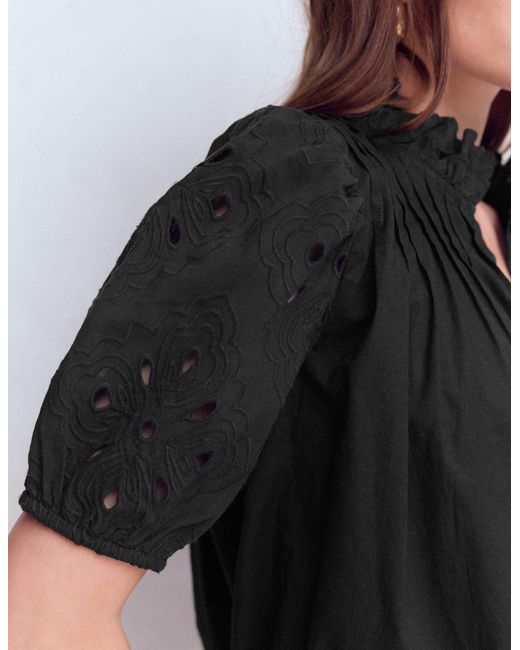 Boden Black Cutwork Puff Sleeve Top