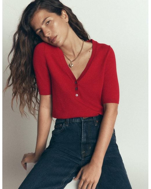 Boden Red Camilla Cotton V-Neck T-Shirt