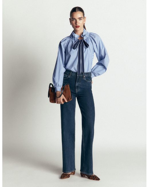 Boden Blue Bow Neck Ruffled Top