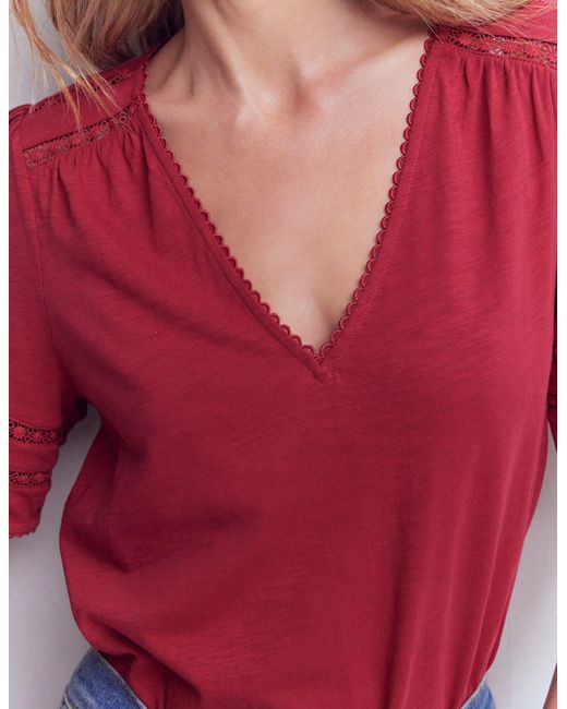 Boden Red Poppy Trim V Neck T-Shirt