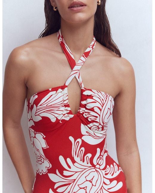 Boden Blue Minori Halter Tie Swimsuit-Salsa, Botanical Flourish