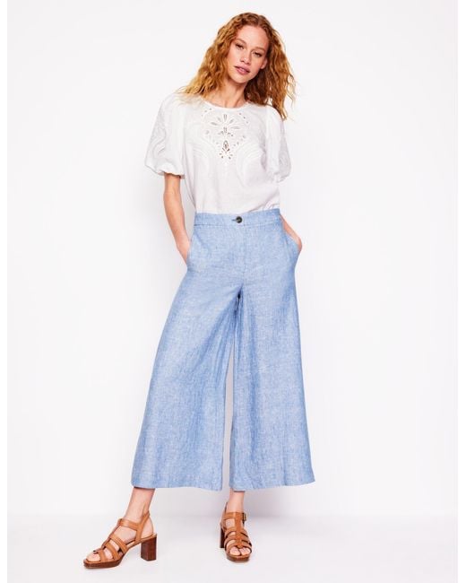 Boden Blue Wide Crop Linen Trousers