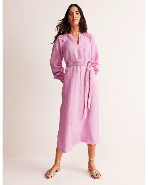 Boden Pink Linen Midi Smocked Dress