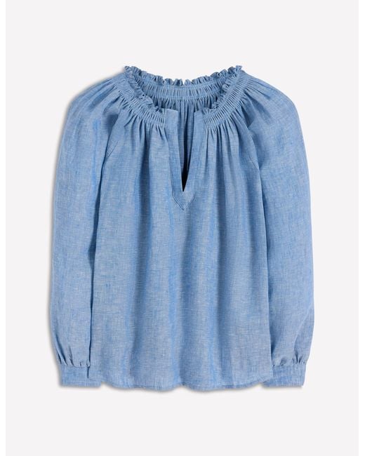 Boden Blue Serena Pleat Neck Linen Top