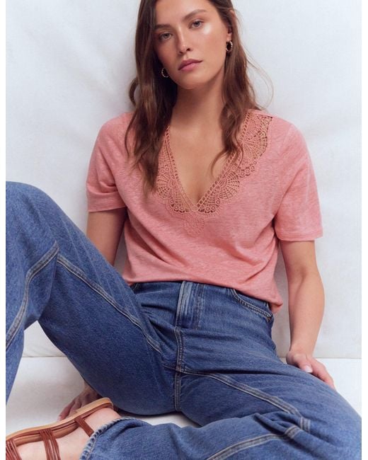 Boden Blue Tara Lace Trim Linen T-Shirt