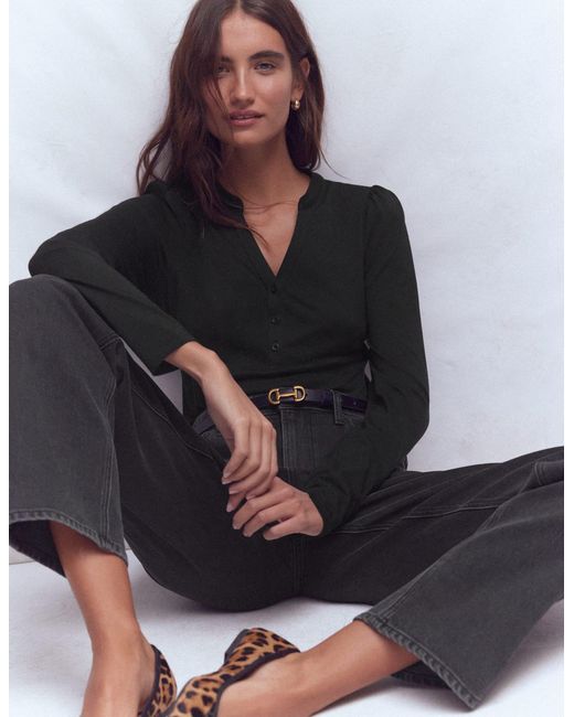 Boden Black Supersoft Open Neck Henley Top