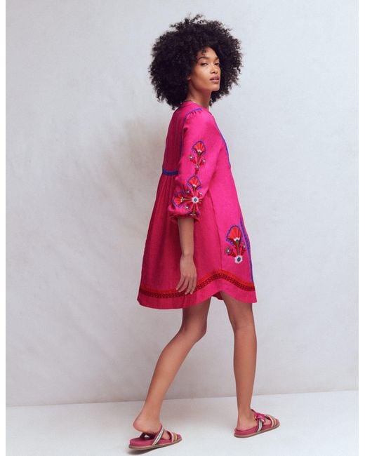 Boden Pink Pia Linen Blend Yoke Dress