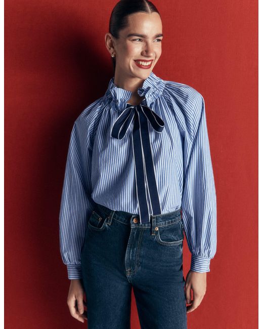 Boden Blue Bow Neck Ruffled Top