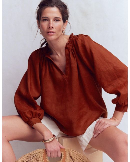 Boden Red Serena Pleat Neck Linen Top