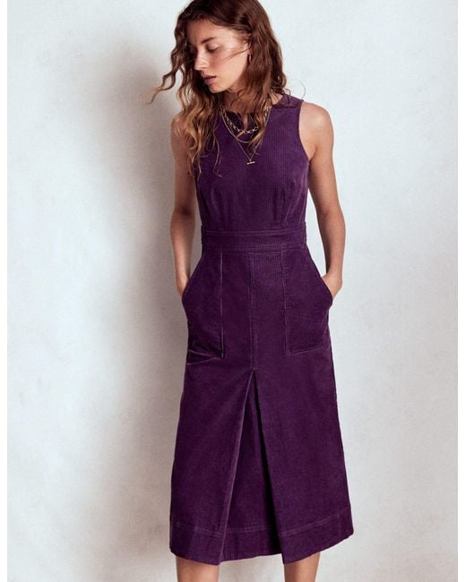 Boden Purple Ula Box Pleat Cord Midi Dress