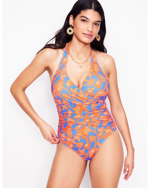 Boden Pink Halter Ruched Swimsuit Bright Papaya