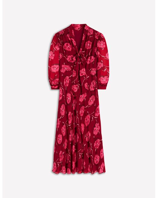 Boden Red Brooke Tie Neck Tea Dress Cranberry, Delicate Vine