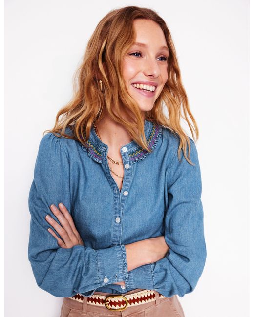 Boden Blue Smocked Neck Denim Shirt
