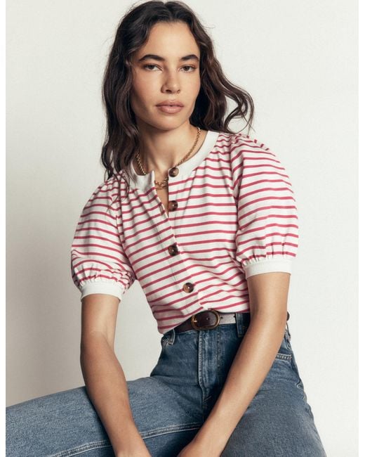 Boden Red Button-Through Puff Sleeve Top