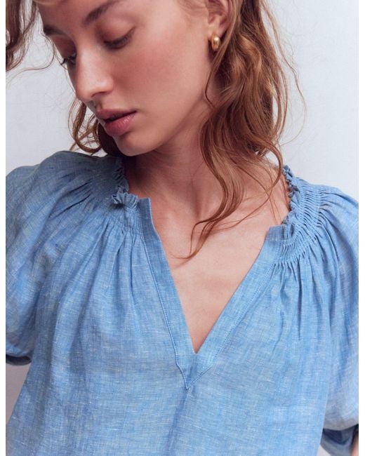 Boden Blue Serena Pleat Neck Linen Top