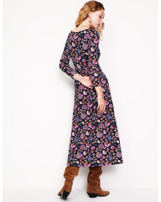 Boden Purple Amelie Long Sleeve Midi Dress Regal, Lotus Stamp