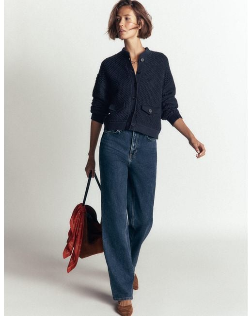 Boden Blue Textured Knitted Bomber Jacket