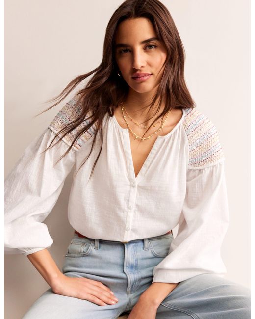 Boden White Gesmokte Baumwollbluse