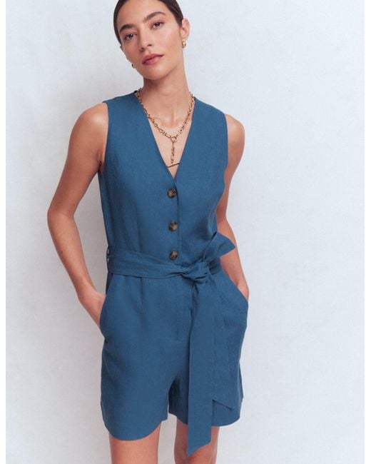Boden Blue Laura V-Neck Linen Playsuit