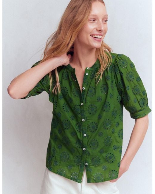 Boden Green Camille Embroidered Cotton Top