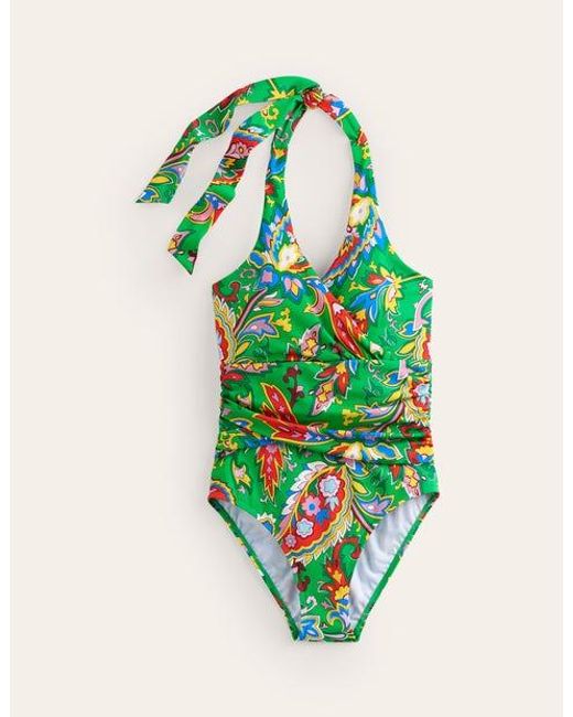 Boden Levanzo Ruched Halter Swimsuit Kelly Green, Paisley Azure